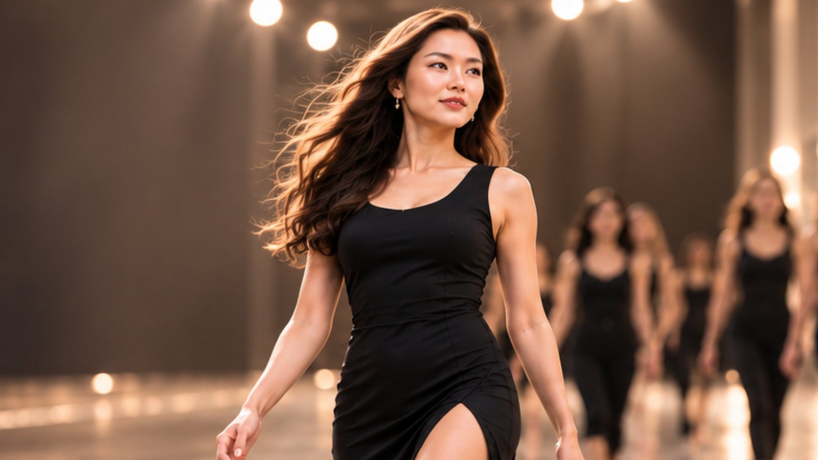 A woman walking confidently at the front of a catwalk rehearsal under warm stage lights