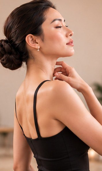 A woman practising poised posture in a calm studio